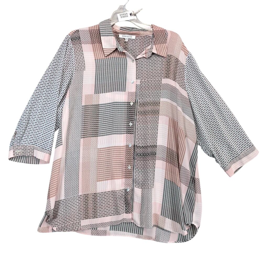 Rose & Olive Geometric Patchwork Print Button Up Shirt Women's Plus Size 2X Pink